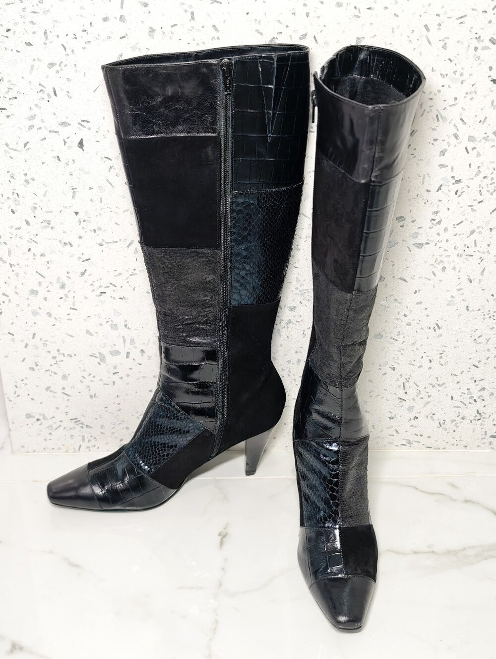 Bandolino Vintage BD Carlisle Tall Leather Suede Patchwork Snakeskin Boots 9.5